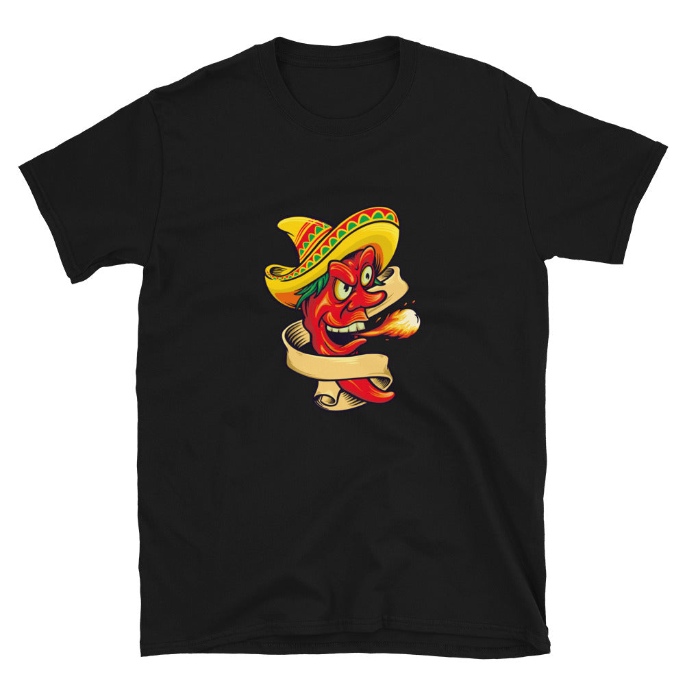Roter Chili-Geschmack mit mexikanischem Sombrero-Hut. Unisex-Softstyle-T-Shirt