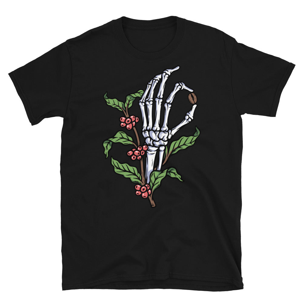 Totenkopf-Hand und Kaffeebaum-passendes Unisex-Softstyle-T-Shirt