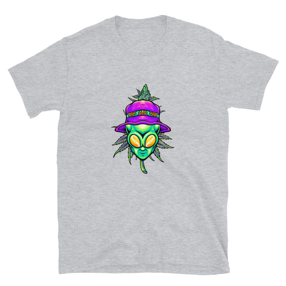 Summer alien head with cannabis weed leaf plant Fit Unisex Softstyle T-Shirt