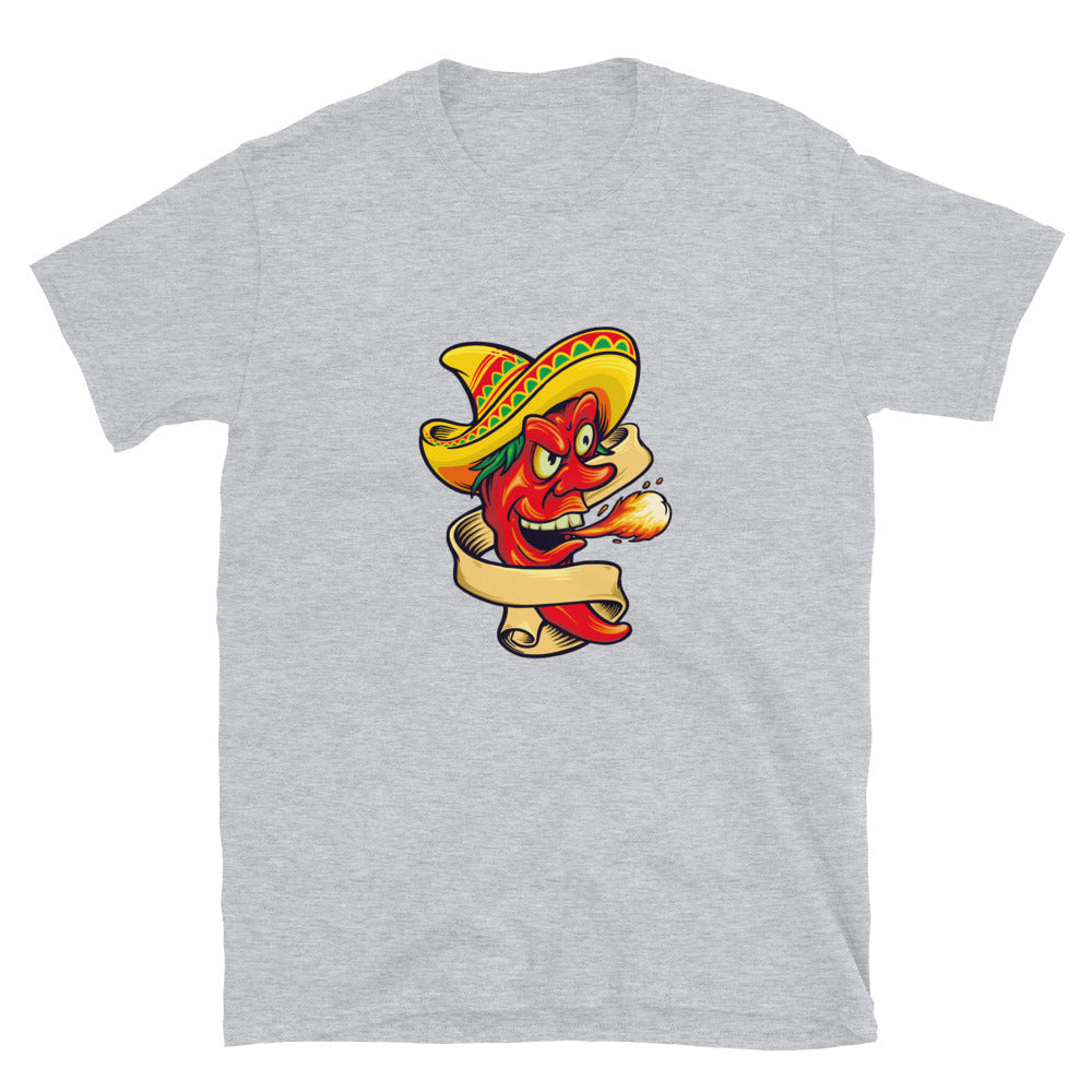 Roter Chili-Geschmack mit mexikanischem Sombrero-Hut. Unisex-Softstyle-T-Shirt