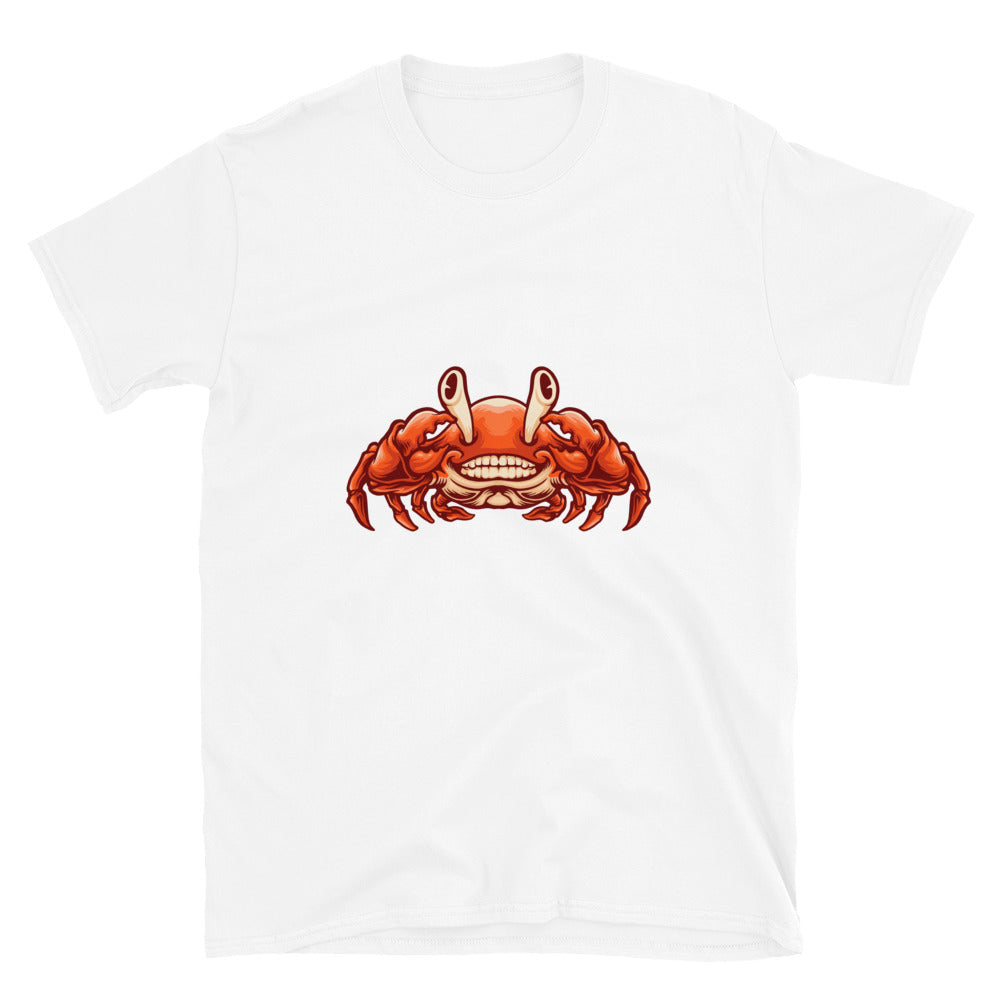 Lächelndes Krabben-Maskottchen im Cartoon-Stil. Passgenaues Unisex-Softstyle-T-Shirt
