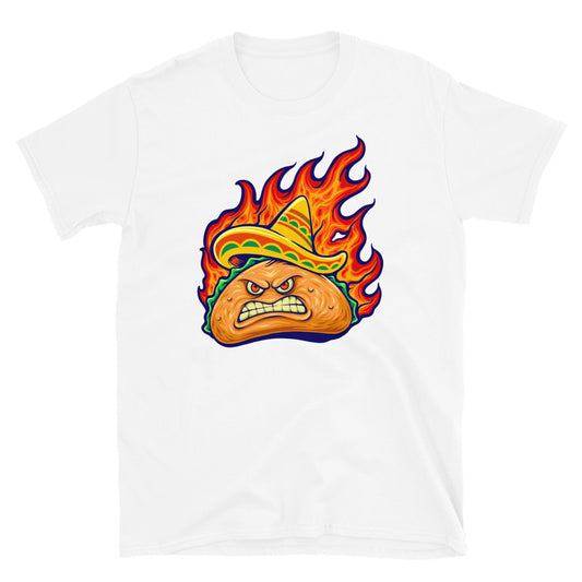 Wütender köstlicher mexikanischer Taco mit loderndem Feuer, passendes Unisex-Softstyle-T-Shirt